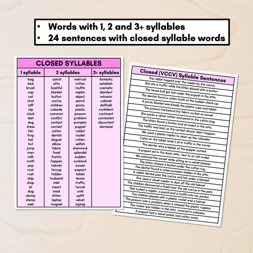 Resource preview 2 for Syllable Pattern Word Lists & Sentences - Closed Syllables