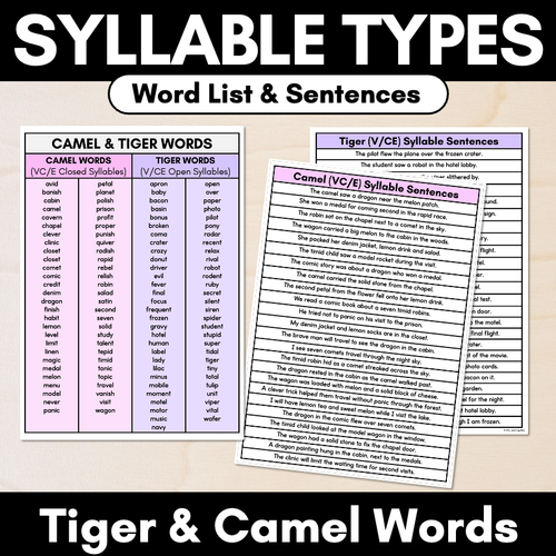 Resource preview 1 for Syllable Pattern Word Lists & Sentences - Camel & Tiger Words