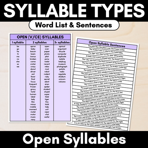 Resource preview 1 for Syllable Pattern Word Lists & Sentences - Open Syllables