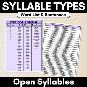 Syllable Pattern Word Lists & Sentences - Open Syllables