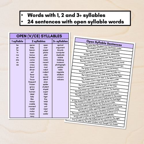 Resource preview 2 for Syllable Pattern Word Lists & Sentences - Open Syllables