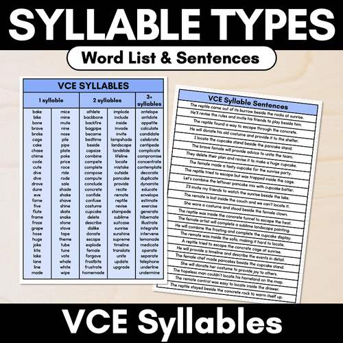 Resource preview 1 for Syllable Pattern Word Lists & Sentences - VCE Syllables