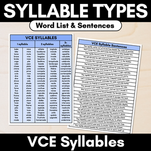 Syllable Pattern Word Lists & Sentences - VCE Syllables