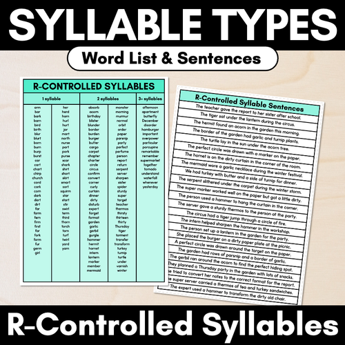 Resource preview 1 for Syllable Pattern Word Lists & Sentences - R-Controlled Syllables