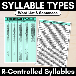 Syllable Pattern Word Lists & Sentences - R-Controlled Syllables