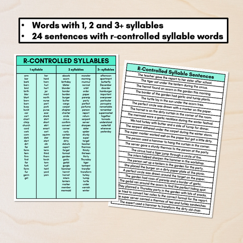 Resource preview 2 for Syllable Pattern Word Lists & Sentences - R-Controlled Syllables