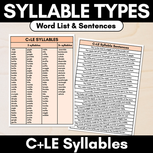 Resource preview 1 for Syllable Pattern Word Lists & Sentences - Consonant + LE Syllables