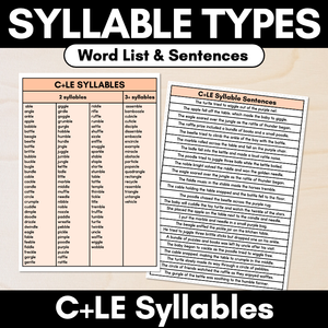 Syllable Pattern Word Lists & Sentences - Consonant + LE Syllables