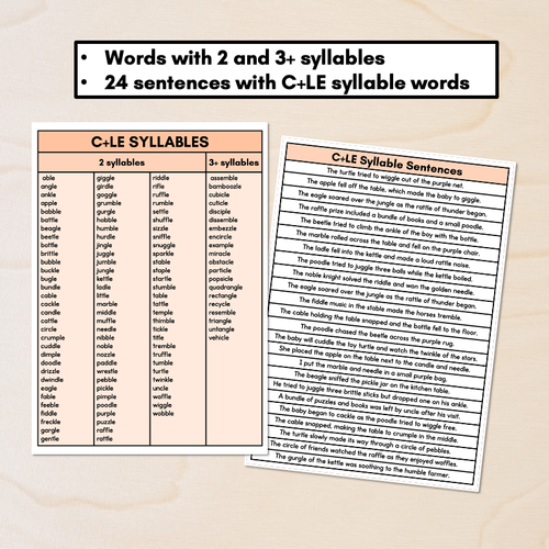 Resource preview 2 for Syllable Pattern Word Lists & Sentences - Consonant + LE Syllables