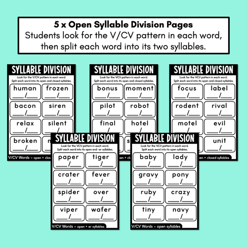 Resource preview 2 for Syllable Division Printables - Open Syllables - V/CV Pattern Words