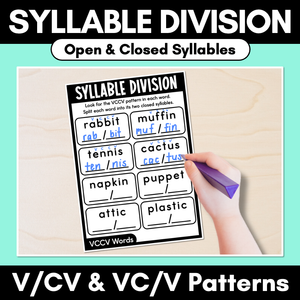 Syllable Division Printables - Open & Closed Syllables - V/CV and V/CV Pattern Words