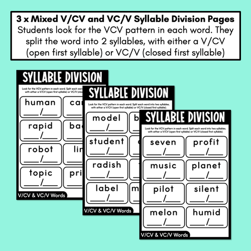 Resource preview 3 for Syllable Division Printables - Open & Closed Syllables - V/CV and V/CV Pattern Words