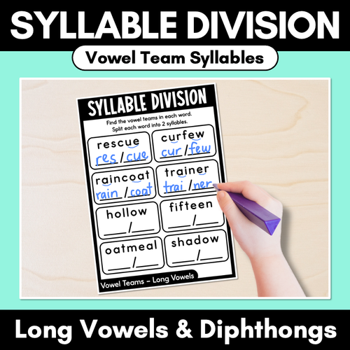 Resource preview 1 for Syllable Division Printables - Vowel Team Syllables - Long Vowels & Diphthongs