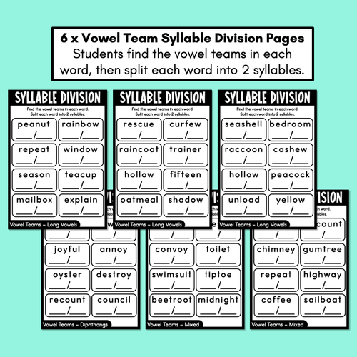 Resource preview 2 for Syllable Division Printables - Vowel Team Syllables - Long Vowels & Diphthongs