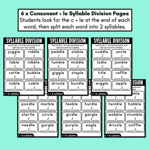 Resource preview 2 for Syllable Division Printables - C+le Syllables - Consonant + le words