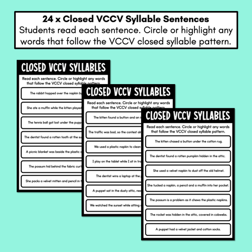 Resource preview 2 for Closed Syllables - VCCV Pattern - Decodable Sentence Printables