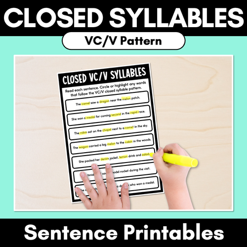 Resource preview 1 for Closed Syllables - VC/V Pattern - Decodable Sentence Printables