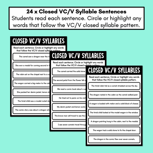 Resource preview 2 for Closed Syllables - VC/V Pattern - Decodable Sentence Printables