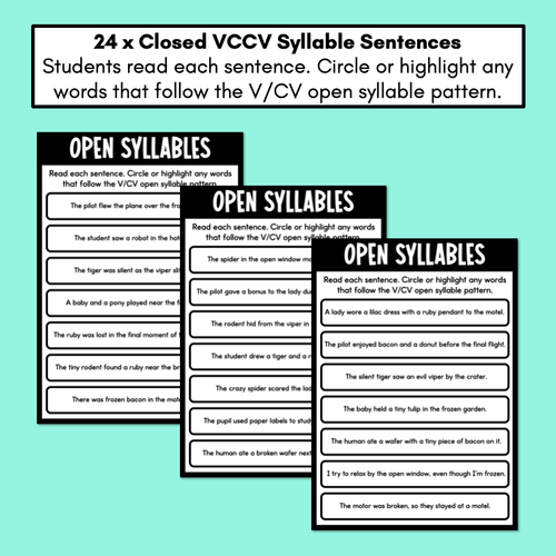 Resource preview 2 for Open Syllables - V/CV Pattern - Decodable Sentence Printables