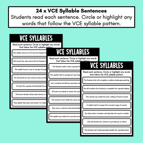 Resource preview 2 for VCE Syllables - Vowel-Consonant-E Pattern - Decodable Sentence Printables