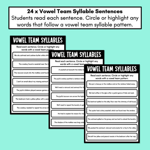 Resource preview 2 for Vowel Team Syllables - Long Vowels & Diphthongs - Decodable Sentence Printables