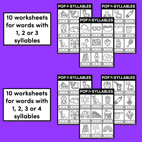 Resource preview 3 for Syllable Poppit Worksheets - Words with 1, 2, 3 and 4 Syllables