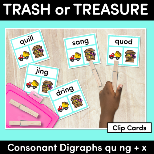 Resource preview 1 for Trash or Treasure Clip Cards - CONSONANT DIGRAPHS QU NG + X