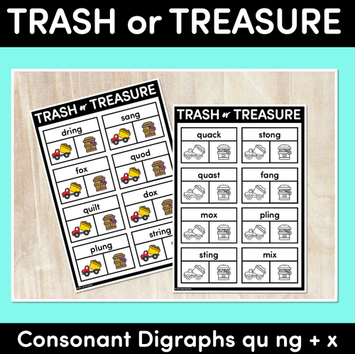 Resource preview 1 for Trash or Treasure Worksheets - CONSONANT DIGRAPHS QU NG X