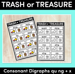 Trash or Treasure Worksheets - CONSONANT DIGRAPHS QU NG X