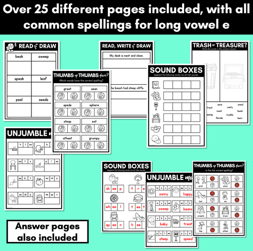 Resource preview 3 for Long Vowel E Worksheets - PHONICS REVIEW for Long Vowel Sounds