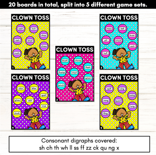 Resource preview 4 for Consonant Digraph Words Phonics Game - CLOWN TOSS Phonics Game