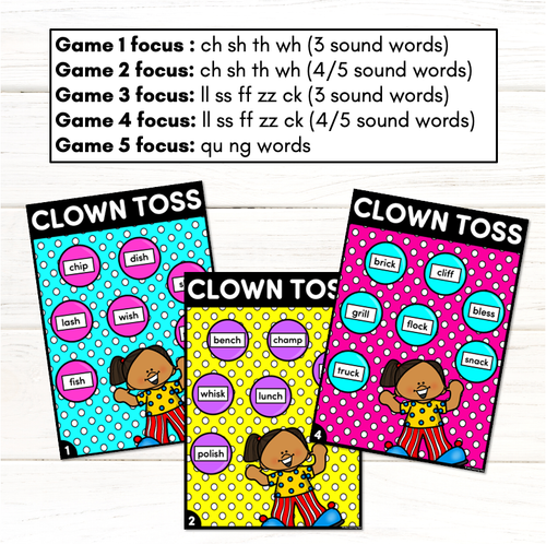 Resource preview 3 for Consonant Digraph Words Phonics Game - CLOWN TOSS Phonics Game