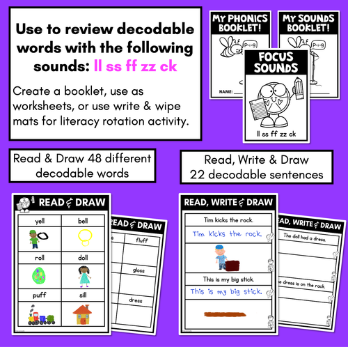 Resource preview 2 for LL SS FF ZZ CK Worksheets - PHONICS REVIEW for Consonant Digraphs